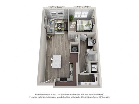 a 3d floor plan of a 1 bedroom apartment